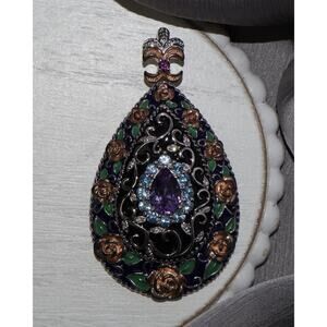 Sterling Enamel Amethyst & Blue Topaz Teardrop Pendant 28.58G / 2.8in